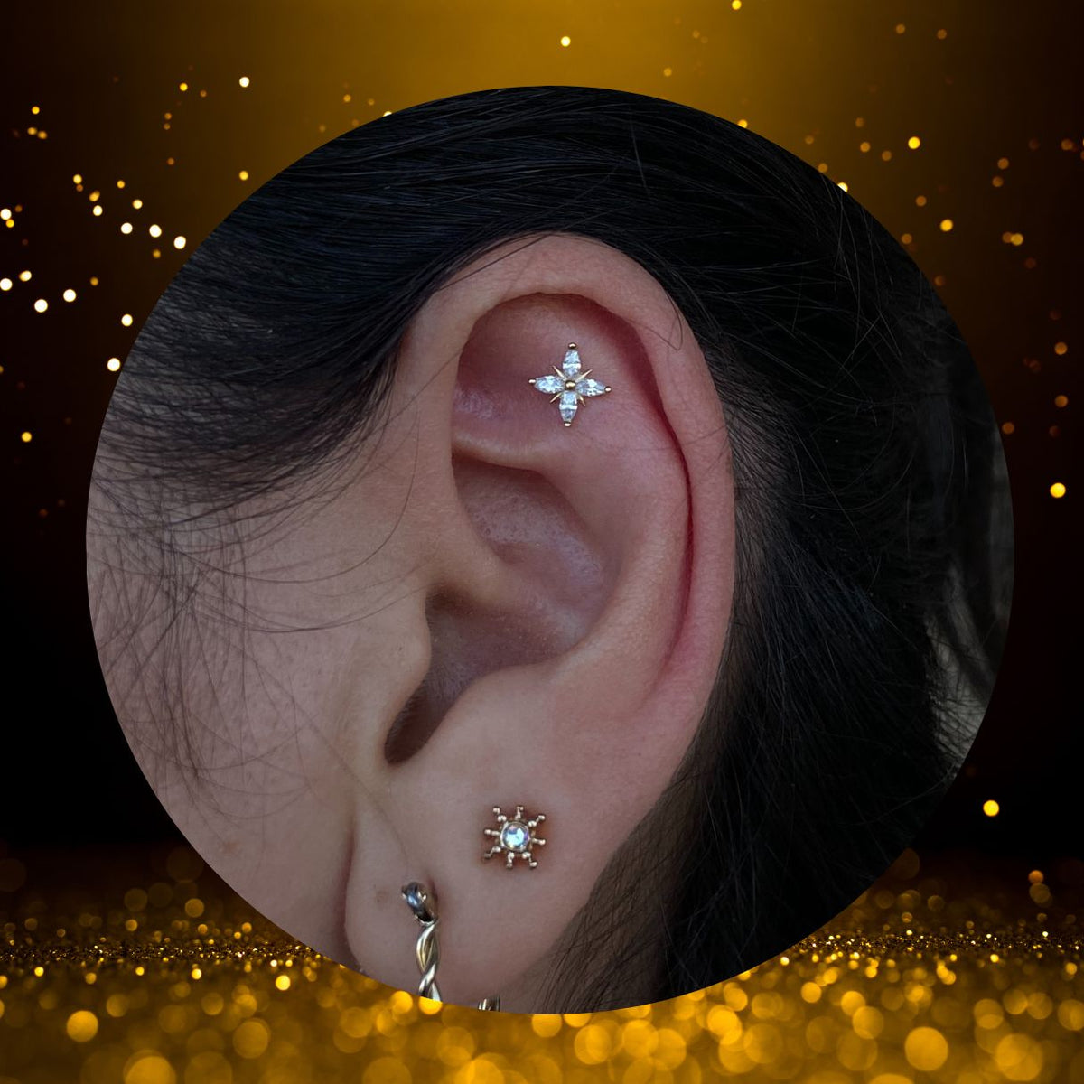 14K Gold Threadless Flat Back 4 Pointed CZ Star Earring w/Titanium Backing