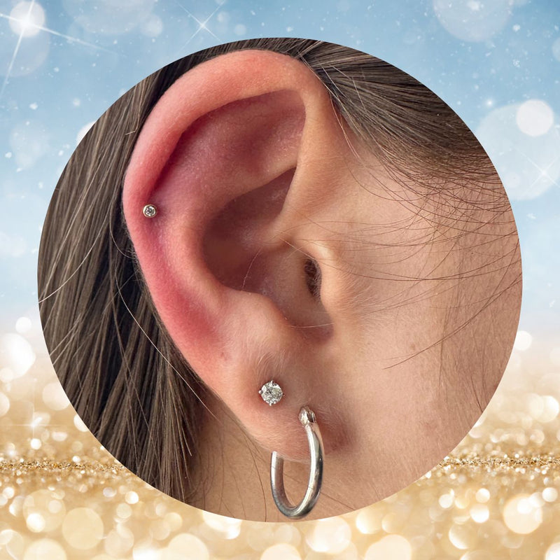 Classic 14K Gold Threadless CZ Bezel Earring with Titanium Flat Back Earring