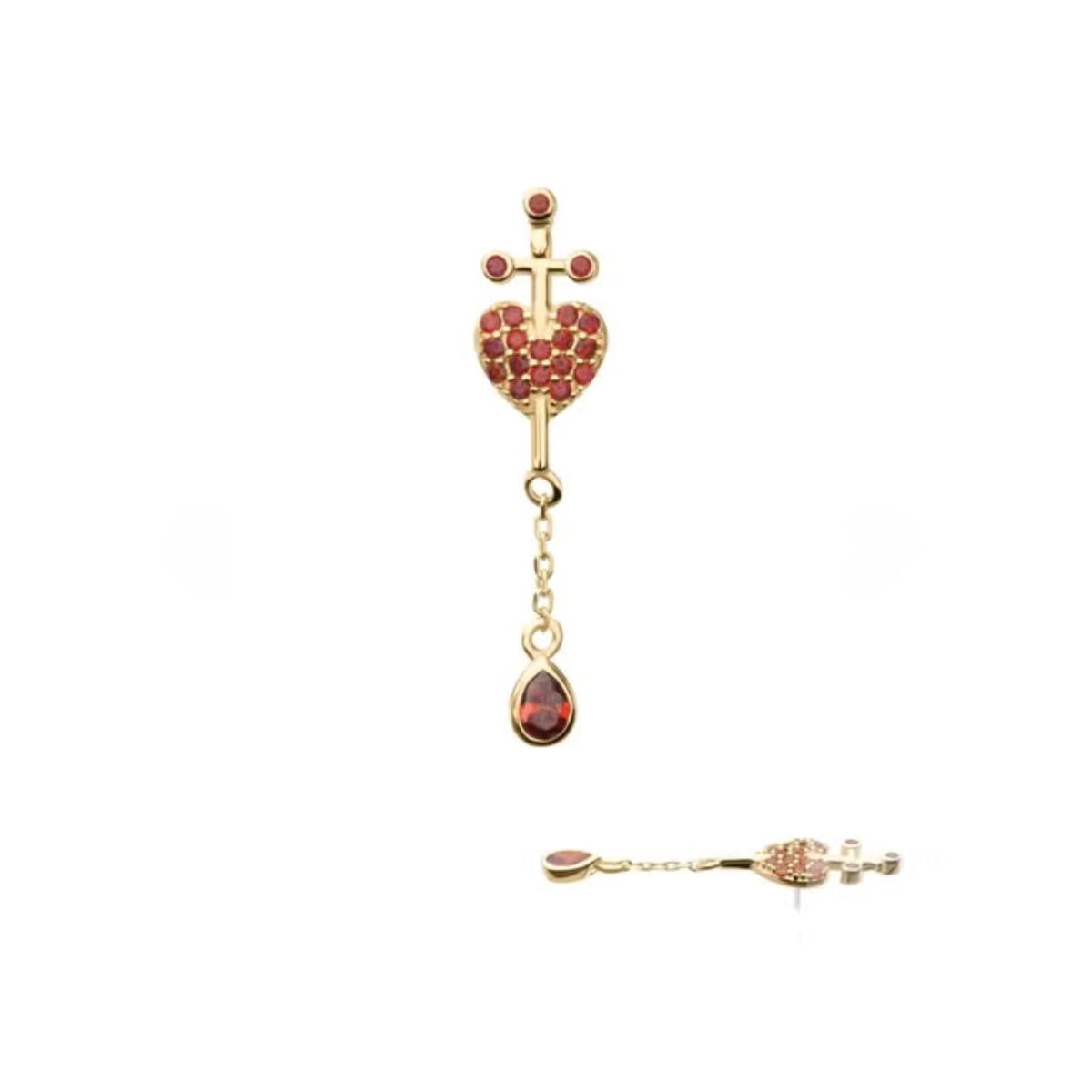 14K Yellow Gold Threadless Red CZ Heart Dagger Earring with Titanium Flat Backing