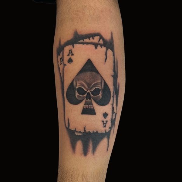 Blackwork Ace of Spades with Skull Tattoo