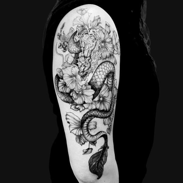 Dragon and Flowers Tattoo