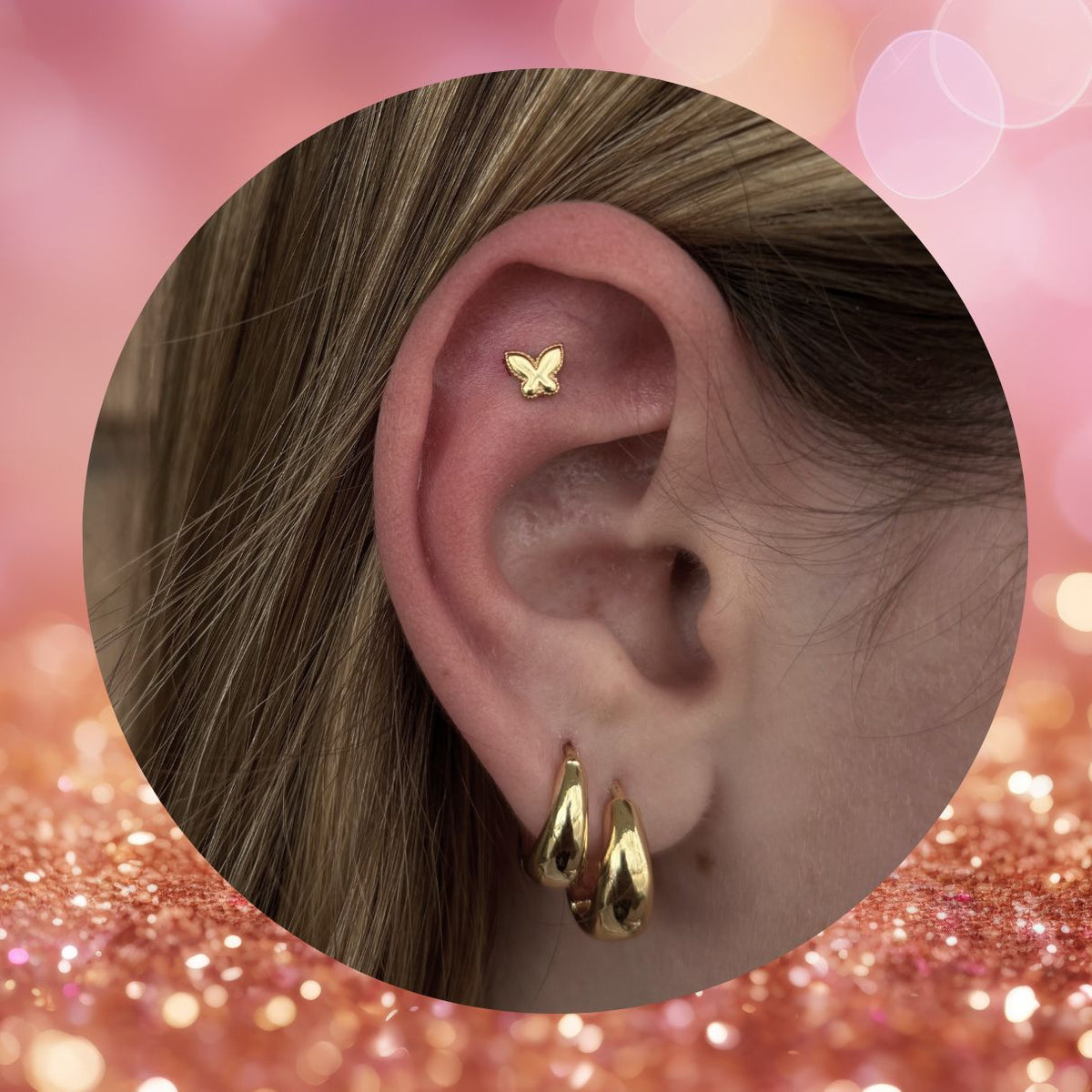 14K Gold Threadless Flat Back Beaded Butterfly Earring with Titanium Backing