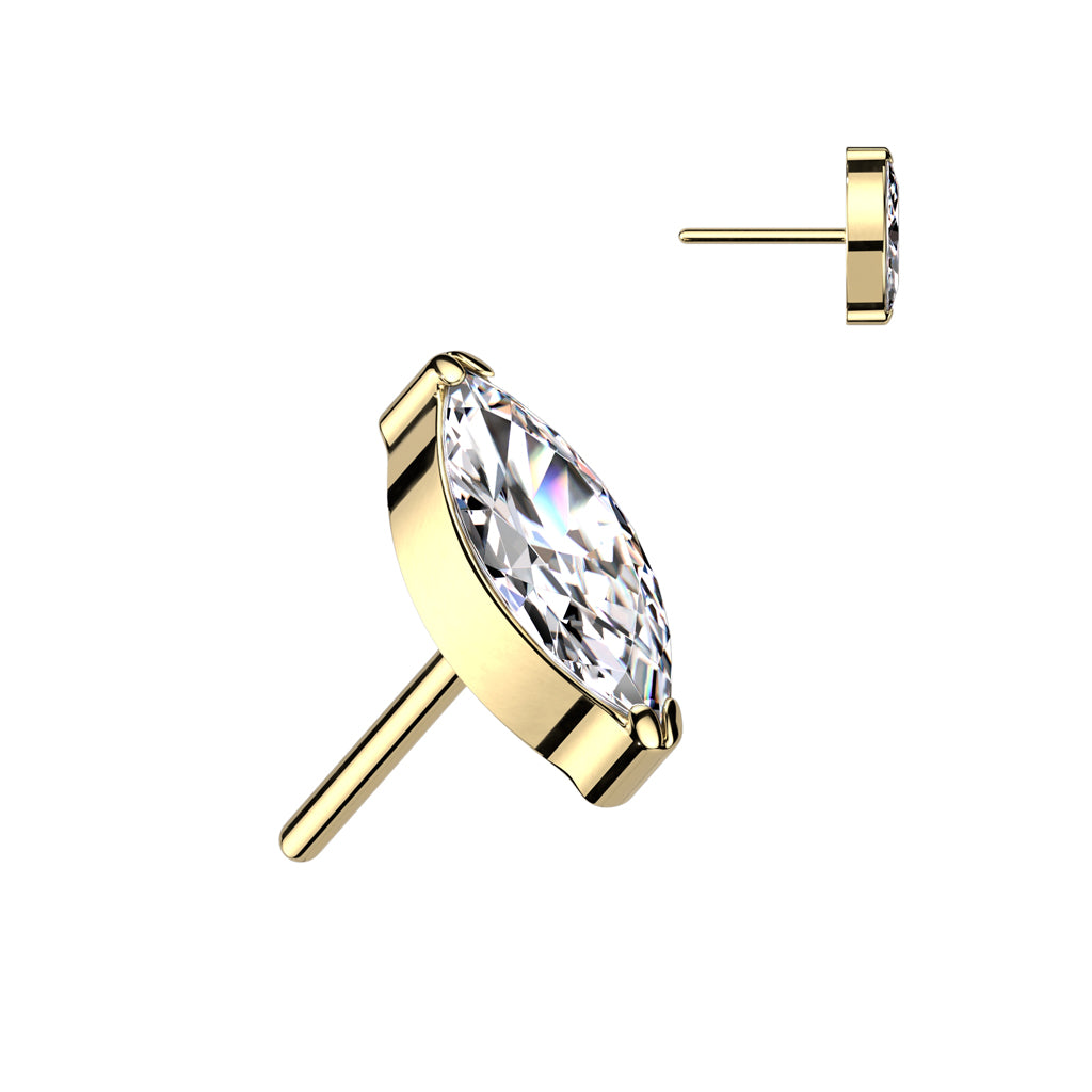 Gold Titanium Threadless CZ Oval Marquis Flat Back Earring