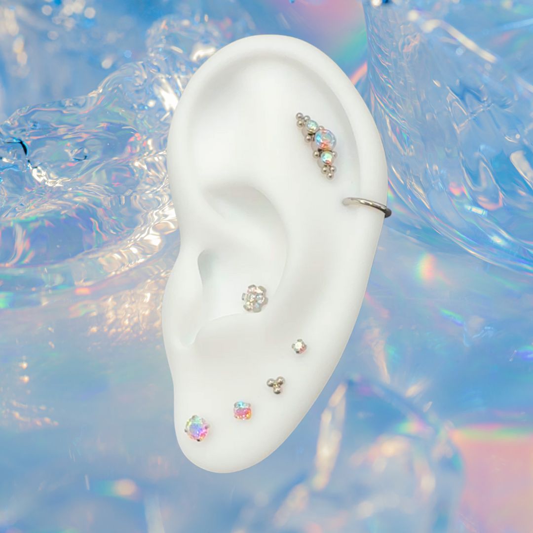 Titanium Threadless Flat Back CZ Bezel Aurora Borealis Cluster with Tri-Balls Earring