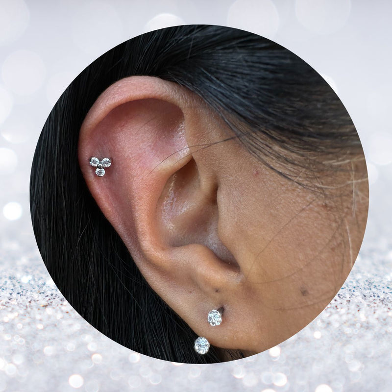 Titanium Threadless Push In Flat Back CZ Trinity Earring