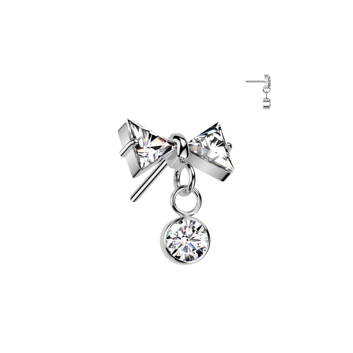 Titanium Threadless Flat Back CZ Bow and Crystal Earring