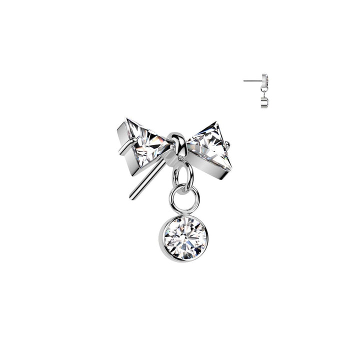 Titanium Threadless Flat Back CZ Bow and Crystal Earring