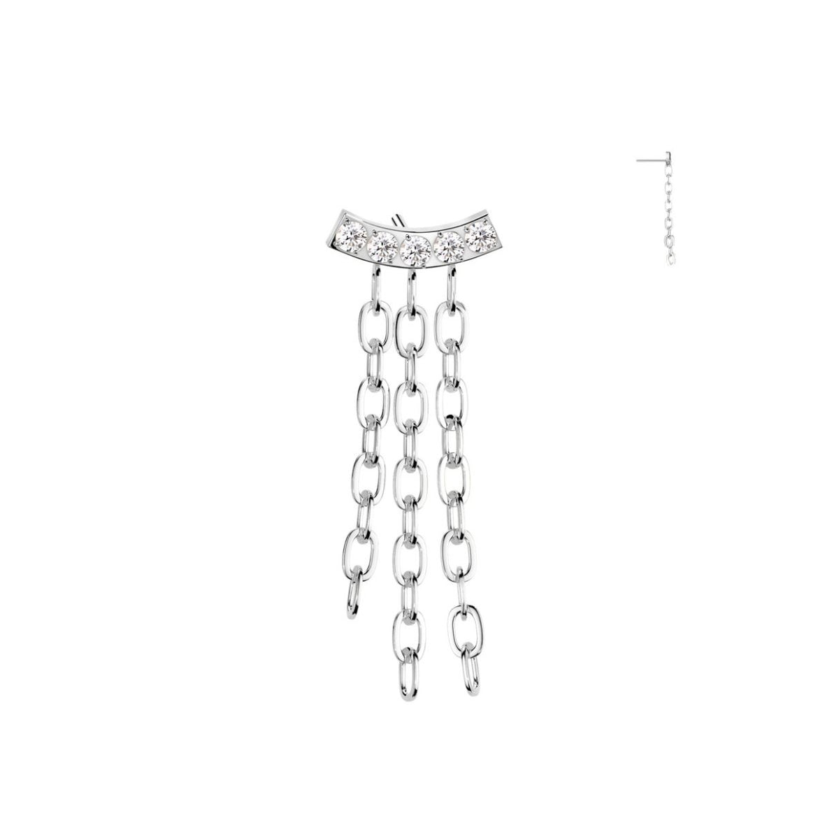 Titanium Threadless Push In Flat Back Curved CZ Bar with Chains Earring