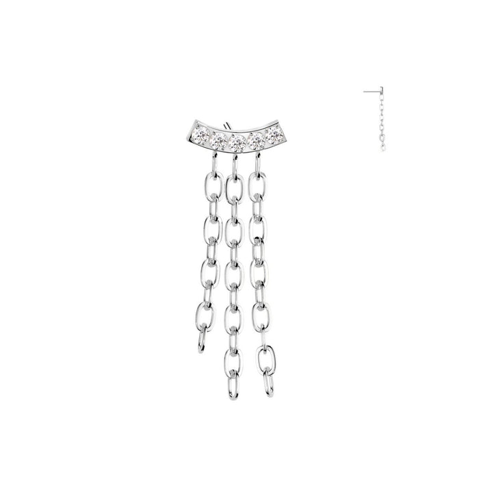 Titanium Threadless Push In Flat Back Curved CZ Bar with Chains Earring