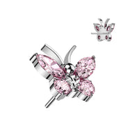 Titanium Threadless Push In Flat Back Pink CZ Butterfly Earring