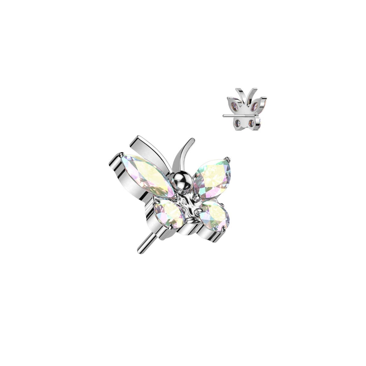 Titanium Threadless Push In Flat Back Aurora Borealis CZ Butterfly Earring
