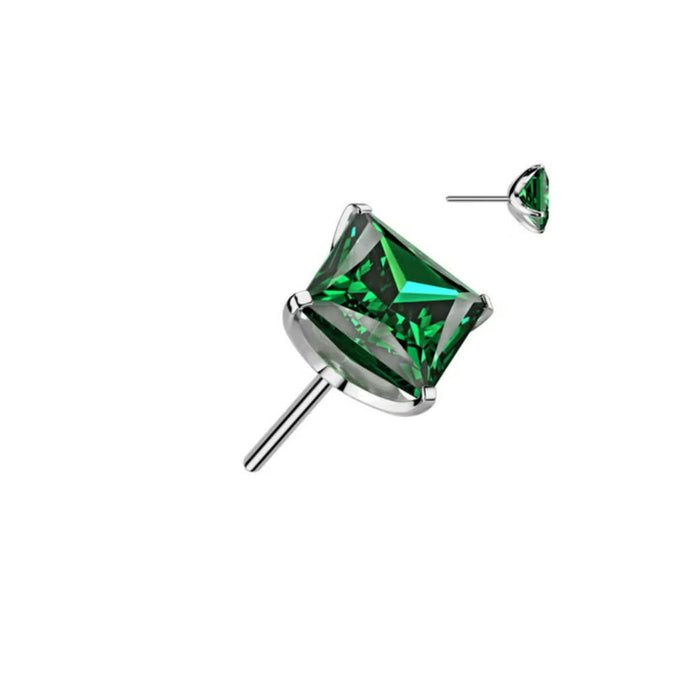 Titanium Threadless Push In Square Green CZ Flat Back Earring