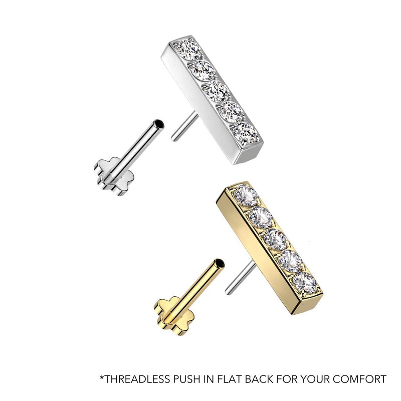 Titanium Threadless Push in Flat Back Crystal Bar Earring