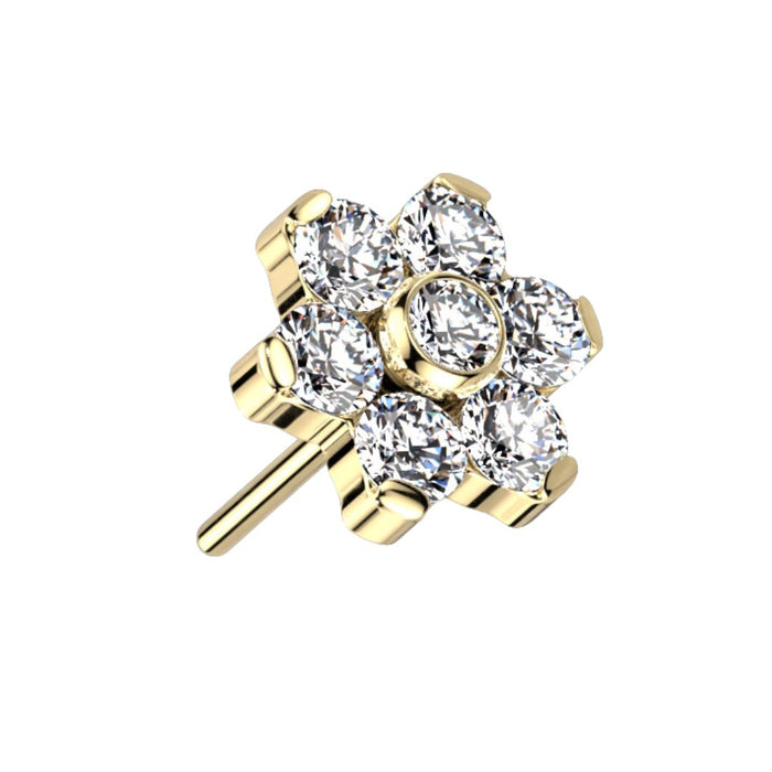 Gold Titanium Threadless Push in Flat Back CZ Flower Earring