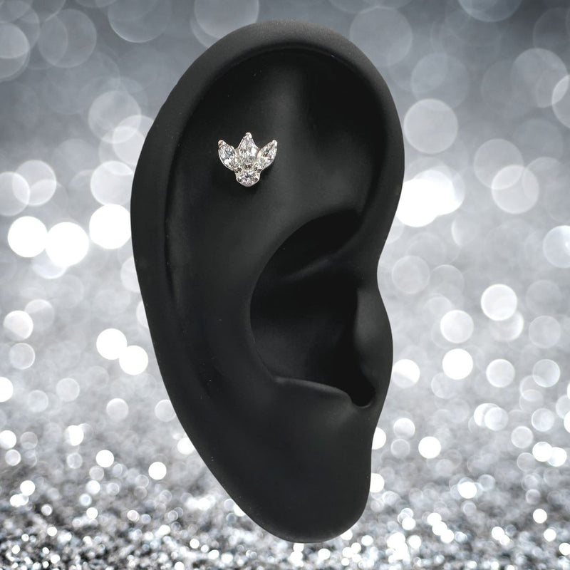 Titanium Threadless  Flat Back CZ Marquis Fan and Bezel Earring