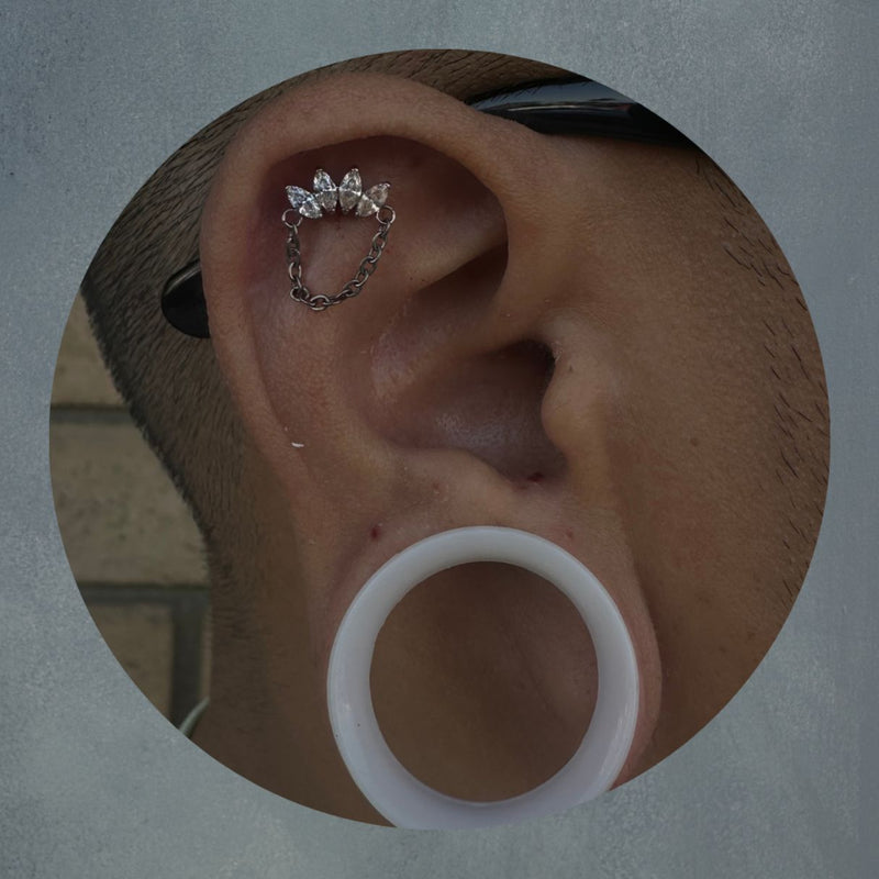 Titanium Threadless Flat CZ Marquis Fan with Chain Earring