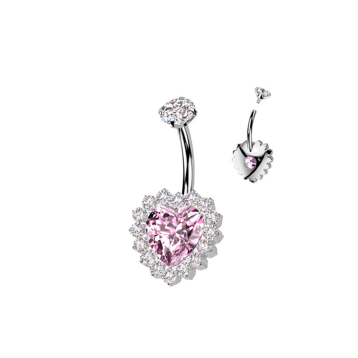 Titanium 14G CZ Pink and Clear Valentine Heart Navel Barbell