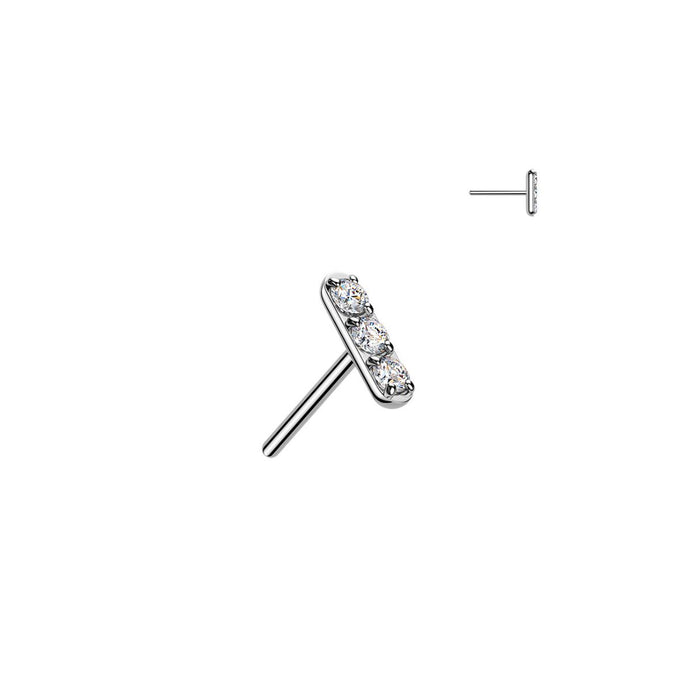 Titanium Threadless Flat Back 3 CZ Bar Earring