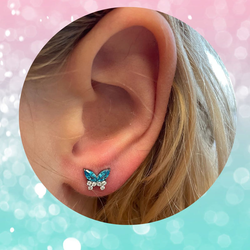 Titanium Threadless CZ Aqua Butterfly Flat Back Earring