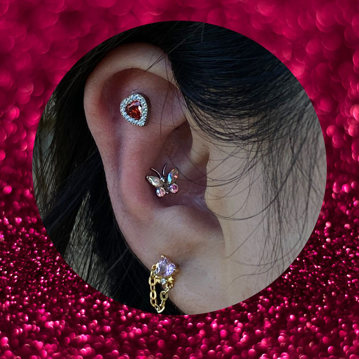 Titanium Push in Flat Back Red CZ Valentine Heart Earring