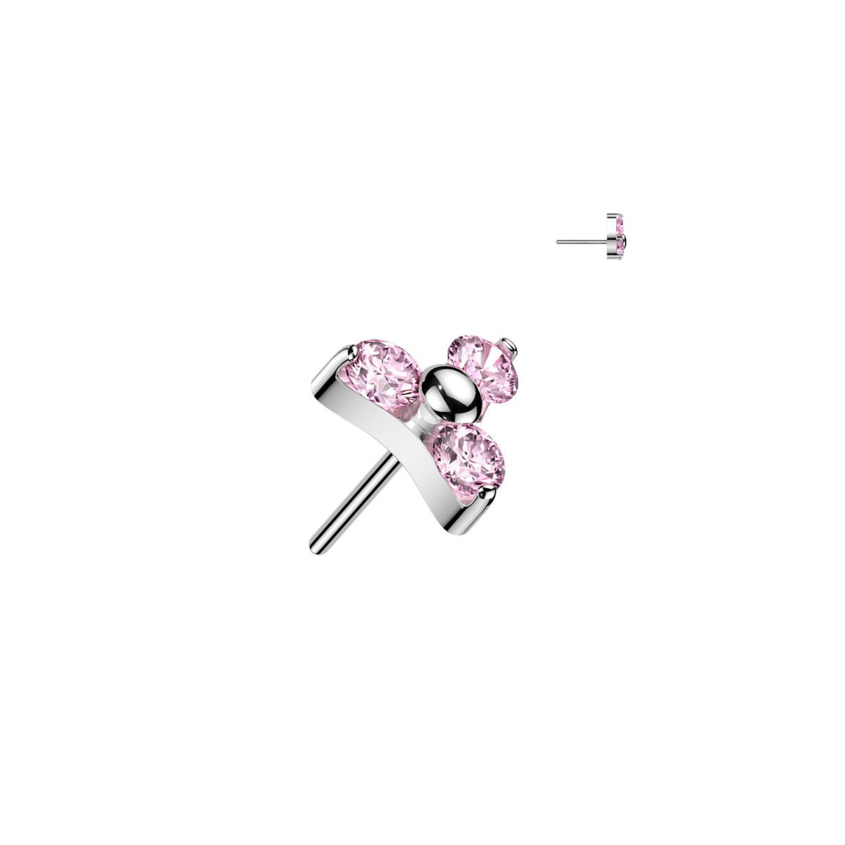 Titanium Threadless Push In Flat Back Pink CZ Trinity Earring