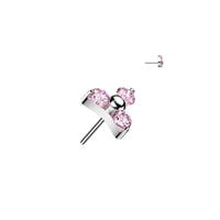 Titanium Threadless Push In Flat Back Pink CZ Trinity Earring