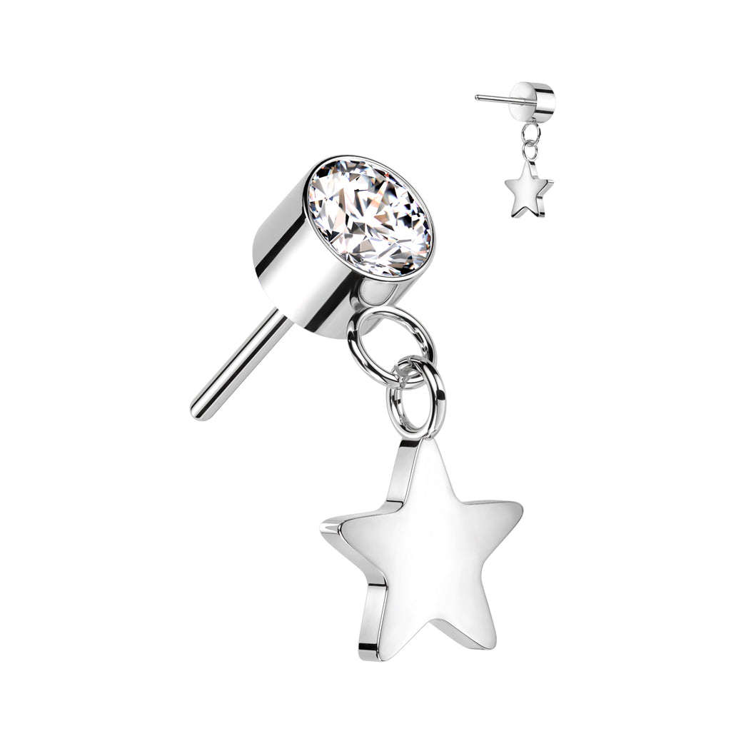 Titanium Threadless Push In Flat Back CZ Bezel and Star Dangle Earring