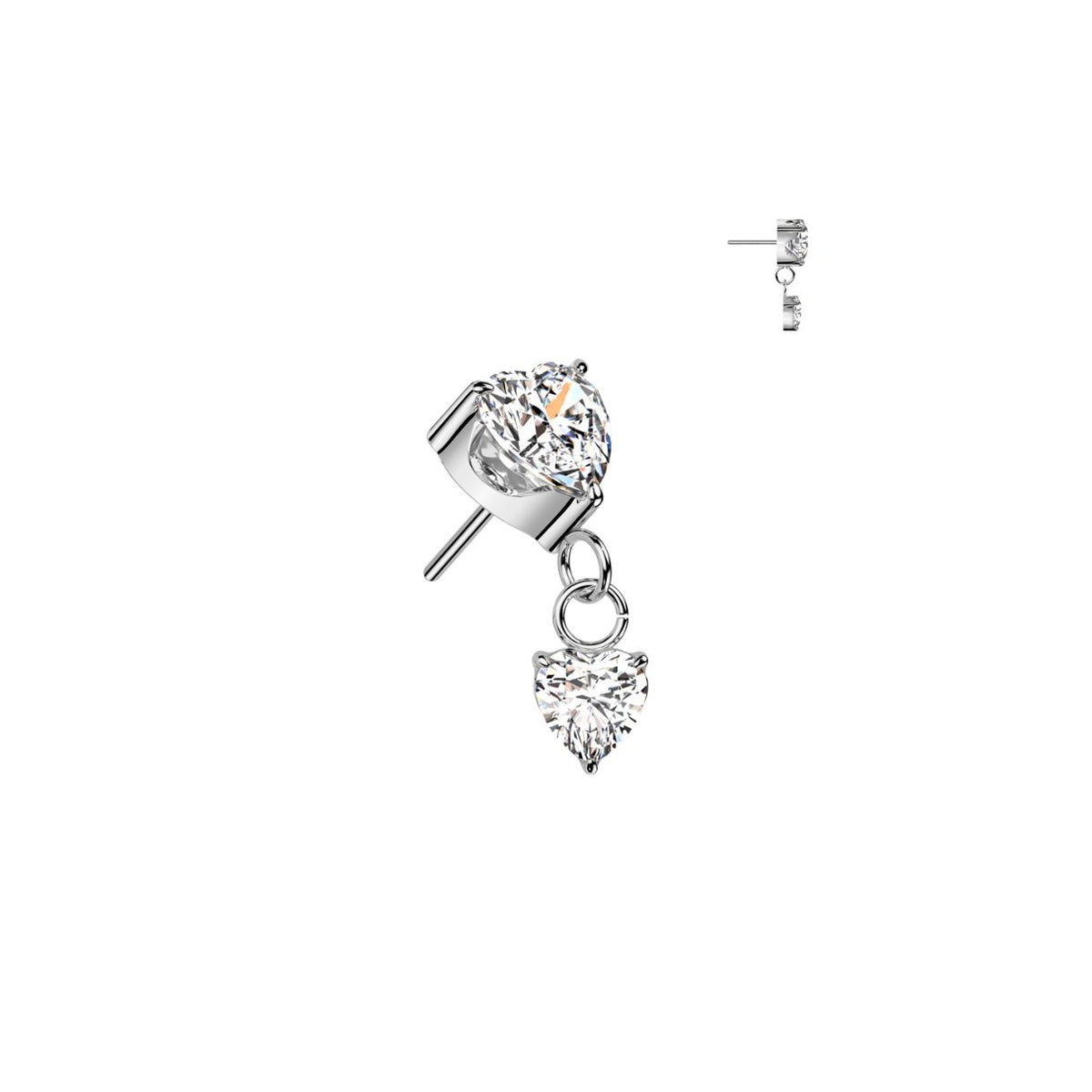 Titanium Threadless Flat Back CZ Heart Dangle Earring