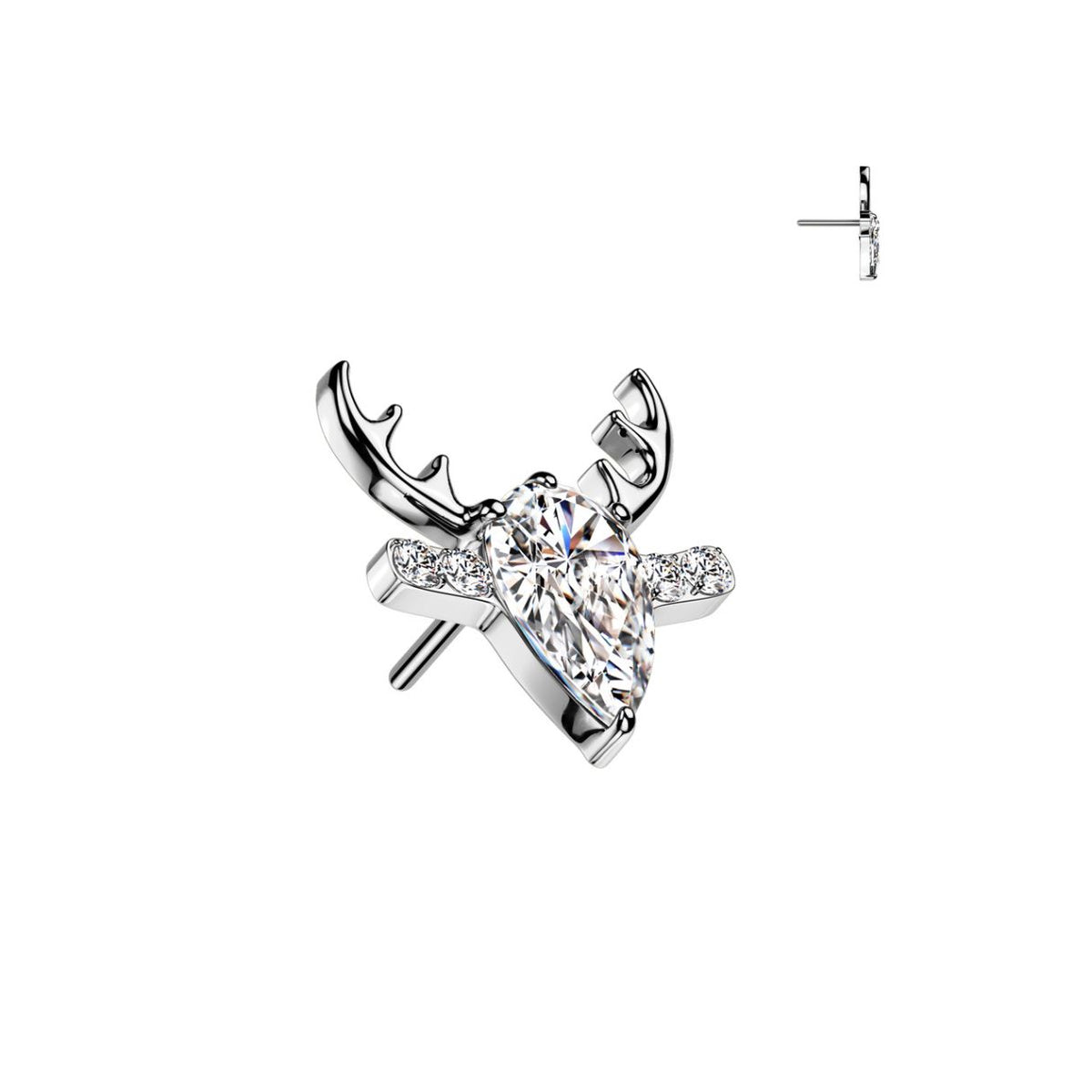 Titanium Threadless Flat Back CZ Reindeer Earring