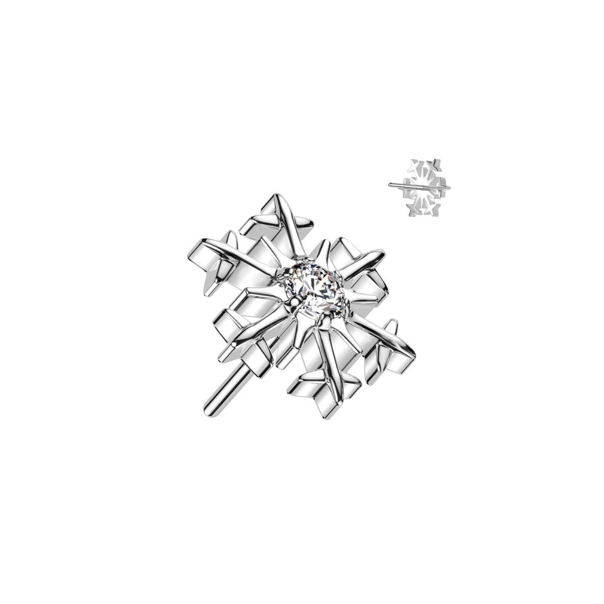 Titanium Threadless Flat Back Snowflake with CZ Center Earring