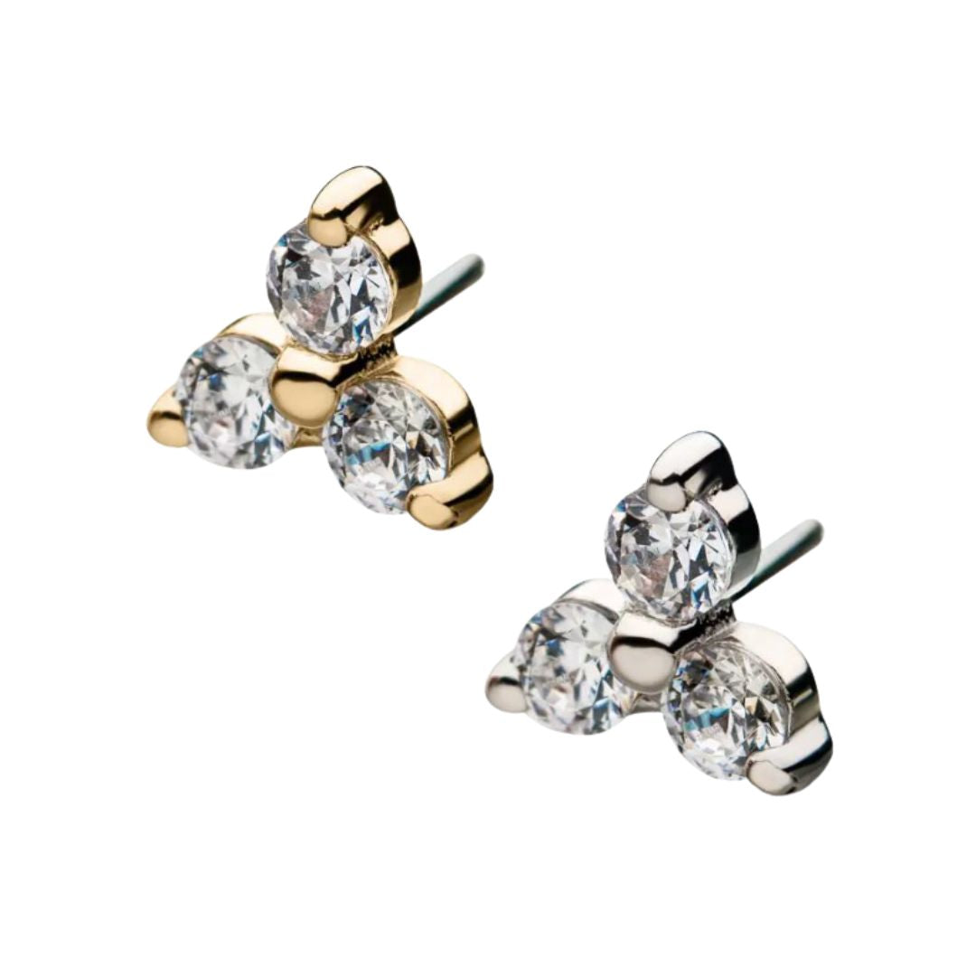 14K Gold Threadless CZ Trinity Earring with Titanium Flat Back Earring