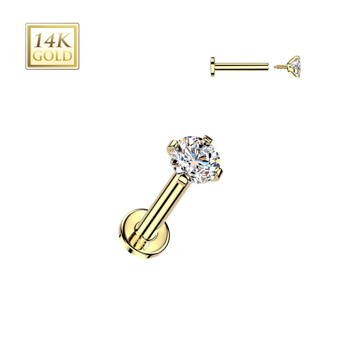 14K Gold Internally Threaded Flat Back CZ Prong Earring