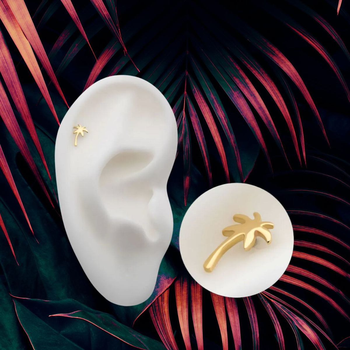 14K Gold Threadless Flat Back Palm Tree Earring with Titanium Backing