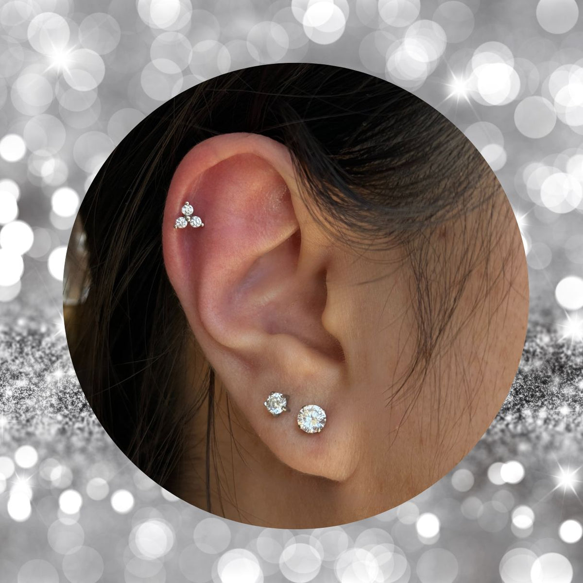 14K Gold Threadless CZ Trinity Earring with Flat Back Titanium Backing