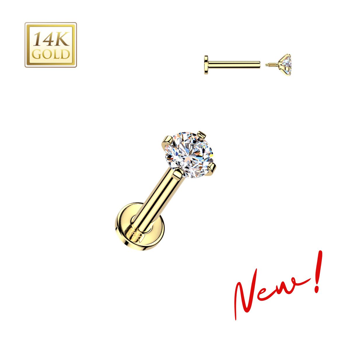 14K Gold Internally Threaded Flat Back CZ Prong Earring