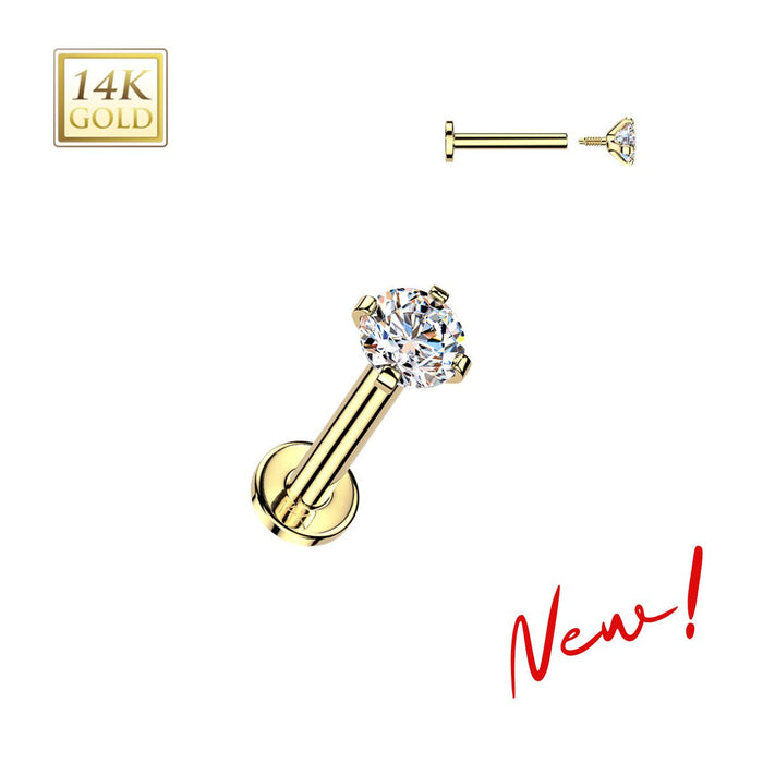 14K Gold Internally Threaded Flat Back CZ Prong Earring