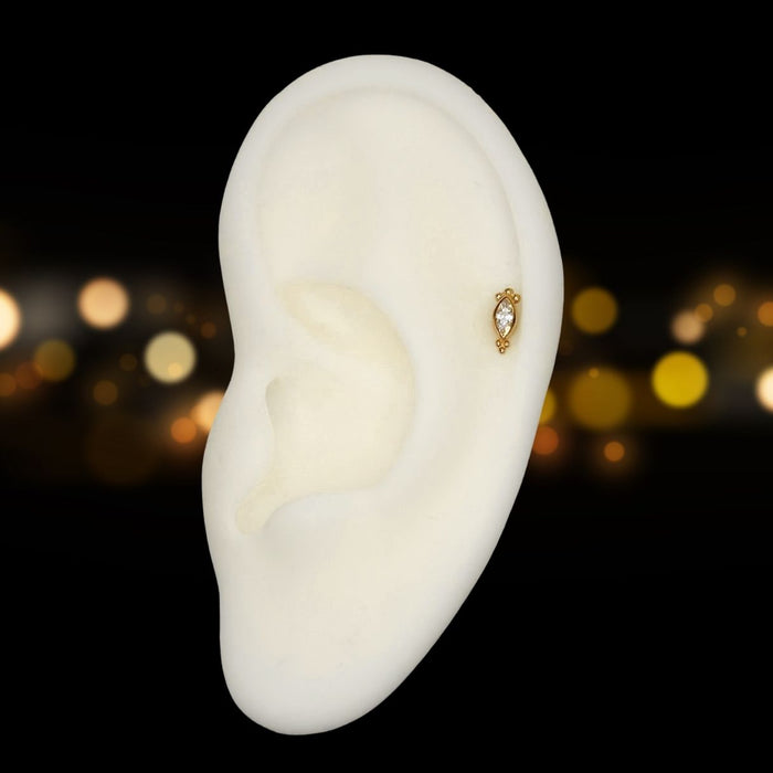 14K Gold Threadless Push In Beaded CZ Marquis with Titanium Backing