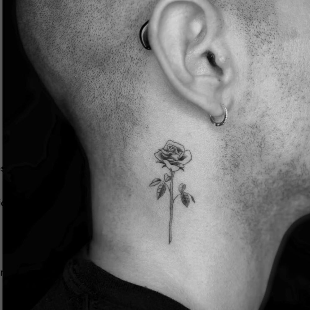 Fine Line Rose Tattoo Behind Ear