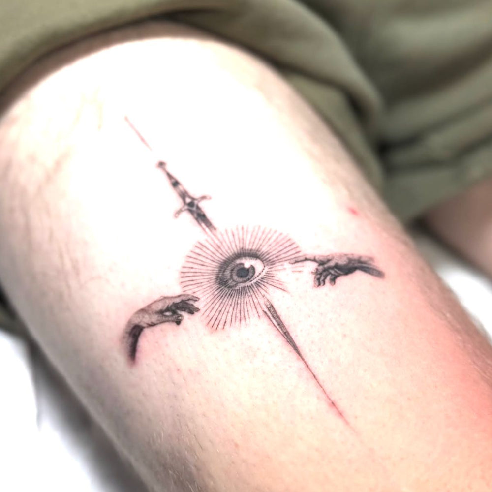 Fine Line Sword and Eye Tattoo