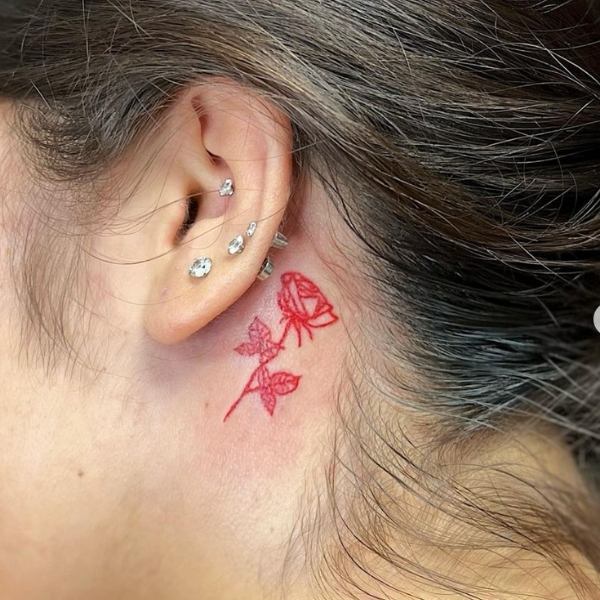 Fine line Red Rose Behind Ear Tattoo