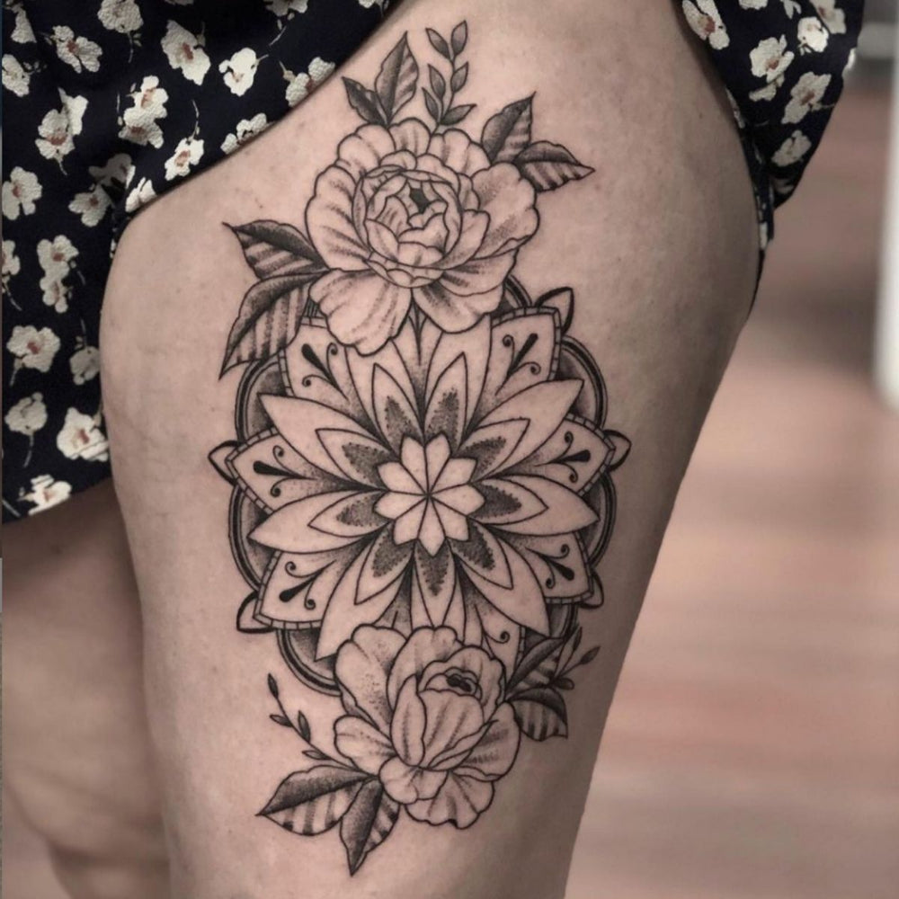 Geomettric Mandala Tattoo on Thigh Best Tattoo Artists Mr. Inkwells Tattoo Shop