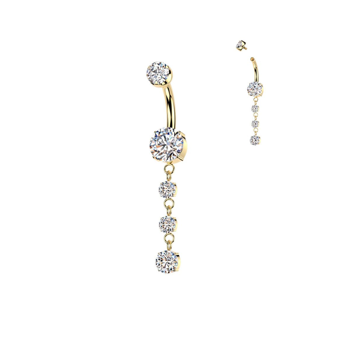 Gold Titanium Triple CZ Prong Dangle Bellybutton Barbell