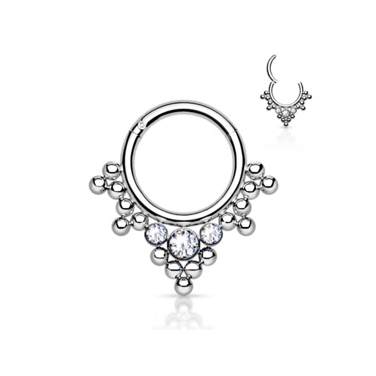 Titanium Front Facing Tri Bead Bead and CZ Bezel Cluster Hinge Ring