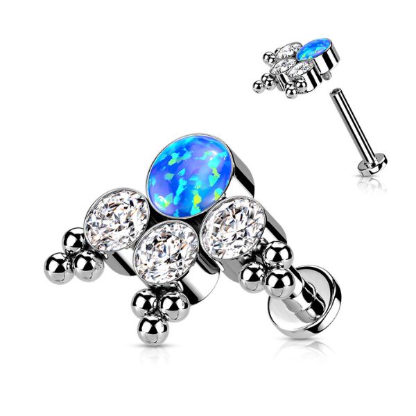 Titanium Internally Threaded CZ and Opal Bezel Beaded Cluster Earring with Titanium Flat Backing