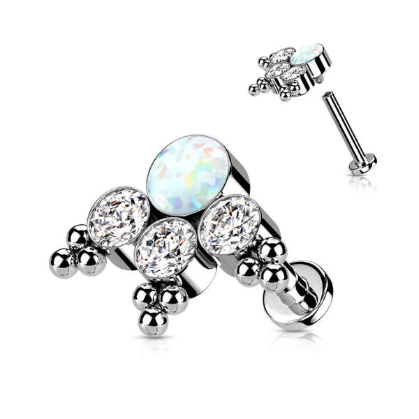 Titanium Internally Threaded CZ and Opal Bezel Beaded Cluster Earring with Titanium Flat Backing