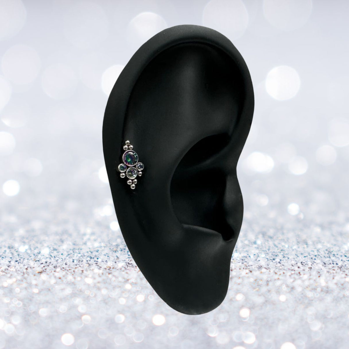 Titanium Internally Threaded Flat Back CZ Bezel and Beaded Ball Cluster Earring