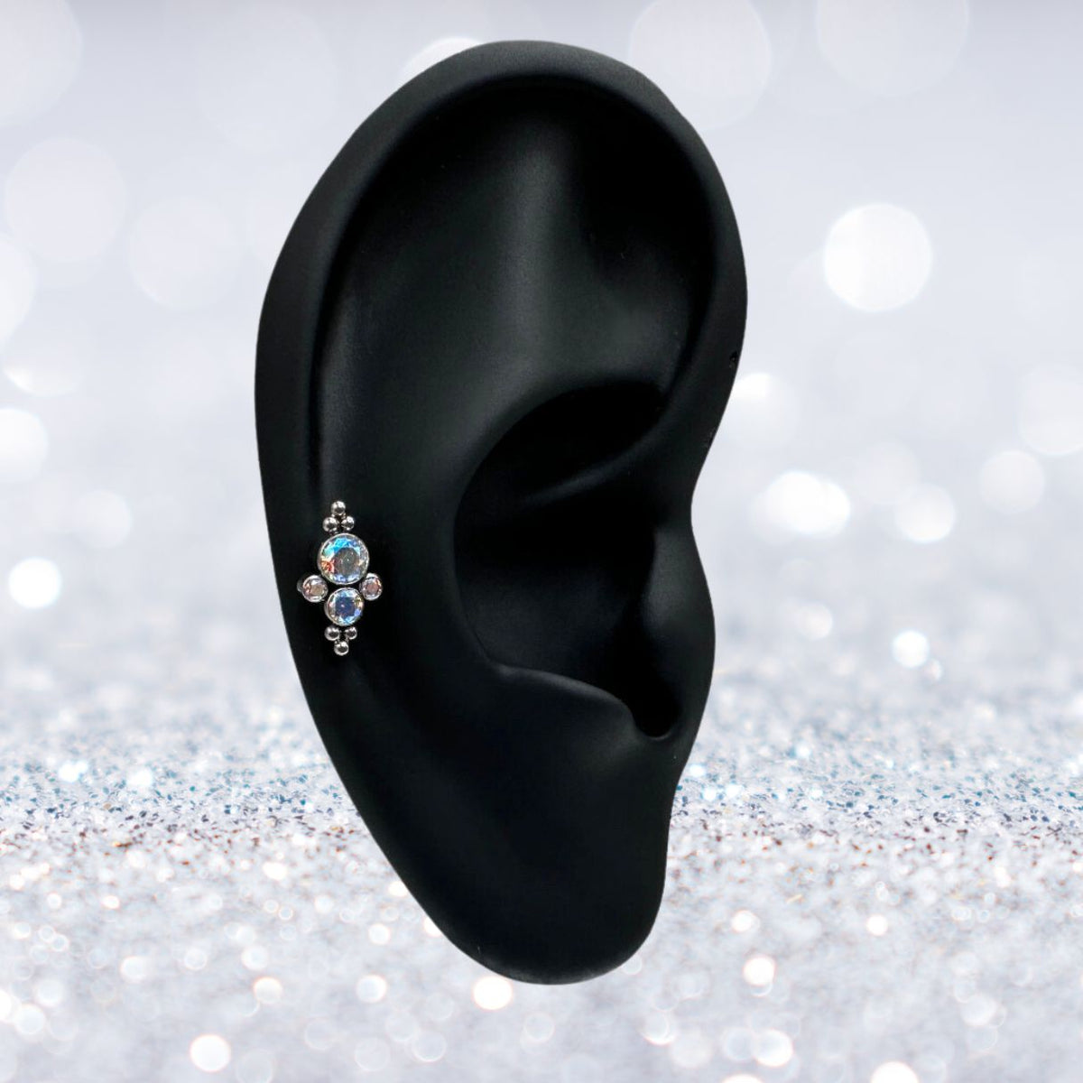 Titanium Internally Threaded Flat Back CZ Bezel and Beaded Ball Cluster Earring