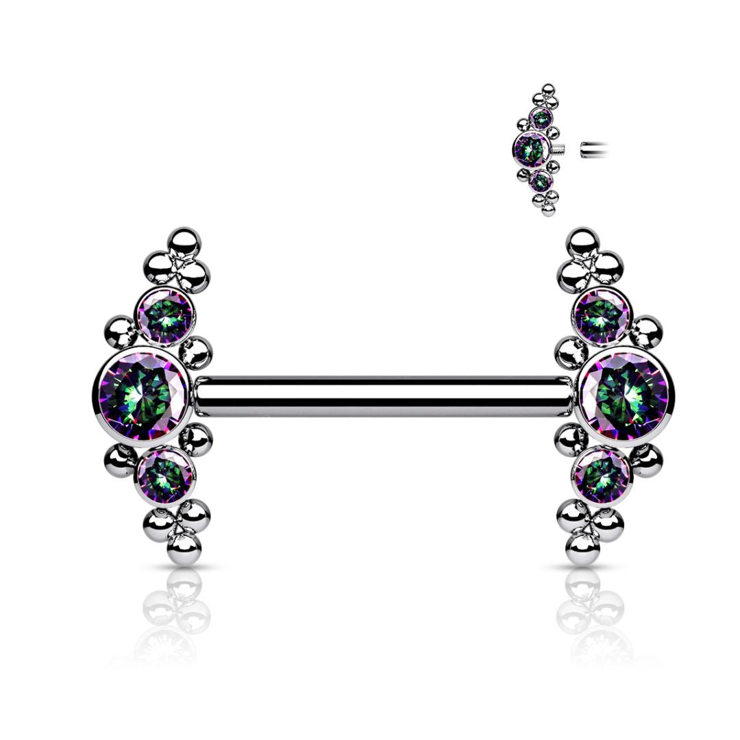 Titanium Internally Threaded Dark CZ and Ball Cluster Ends Nipple Barbell