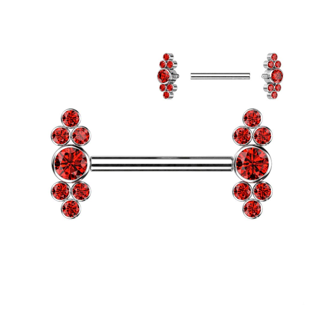 Titanium Internally Threaded Red CZ Cluster Ends Nipple Barbell