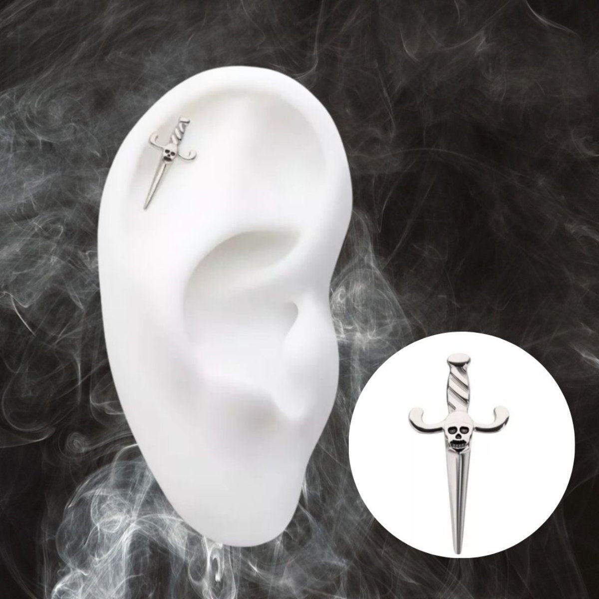 Titanium Threadless Push In Flat Back Dagger with Skull Earring